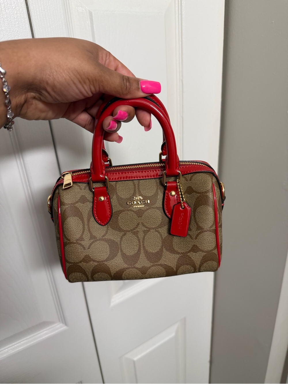 Coach Mini Satchel in Brown with Red Trim